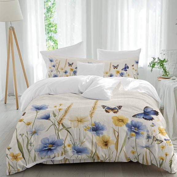Blue Yellow Floral Queen Size Comforter Set, Butterfly Watercolor Plants Paddy Vintage Bedding for All Seasons, 4 Pcs Bed Set, 1Quiltcover (90"x92") ,1Sheet(94"x116"), 2Pillowcases (30"x20")