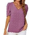 thumbnail image 1 of Top de jacquard con mangas abullonadas y escote en V morado, camiseta informal de corte holgado, talla M Summer Chic, 1 of 3
