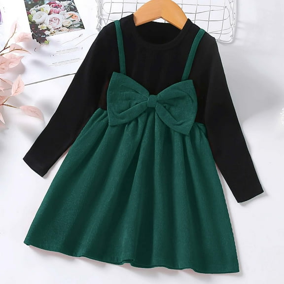 AUNVITO Girls Corduroy Dress 2-8Y Two-Piece Design Bow Knot Splicing Autumn Winter Casual Outfit
