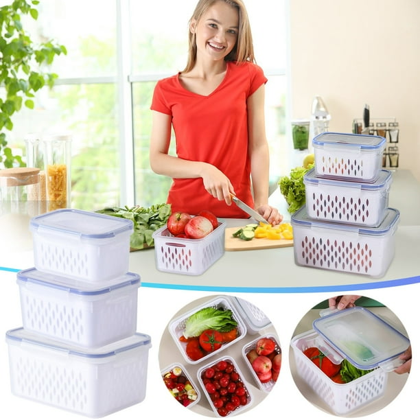 Juego de 3 recipientes para almacenar frutas y verduras | Tapas herméticas a prueba de fugas | Coladores extraíbles | Sin BPA, aptos para microondas y lavavajillas | Organizadores grandes para el