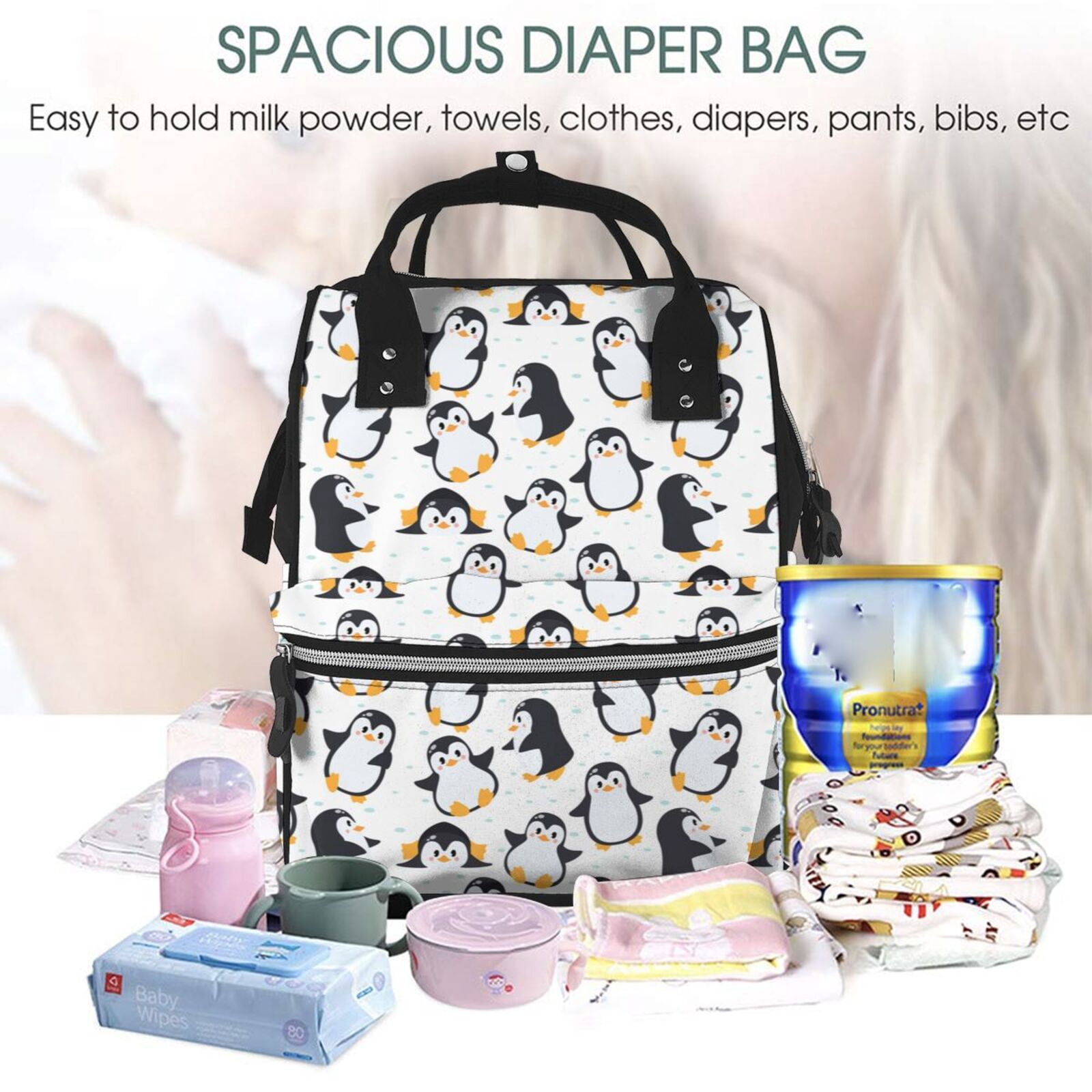 Ratiio Cute Penguins Mummy Backpack - Waterproof Twill Canvas, Large Capacity Diaper Bag with Multiple Pockets and Adjustable Straps
