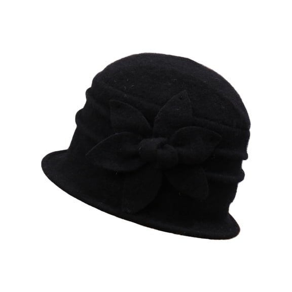 MSJUHEG Vintage Cloche Bowler Short Brim Bucket Hat Womens Elegant Dressy Headwear with Floral Accent and Bowknot for Church Formal Events and Cool‑Season Daily Wear Black One Size