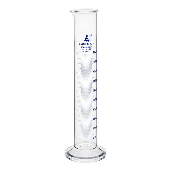Graduated Cylinder, 500ml - Class A Tolerance ?2.50ml - Round Base - Blue Graduations - Borosilicate 3.3 Glass - Eisco Labs