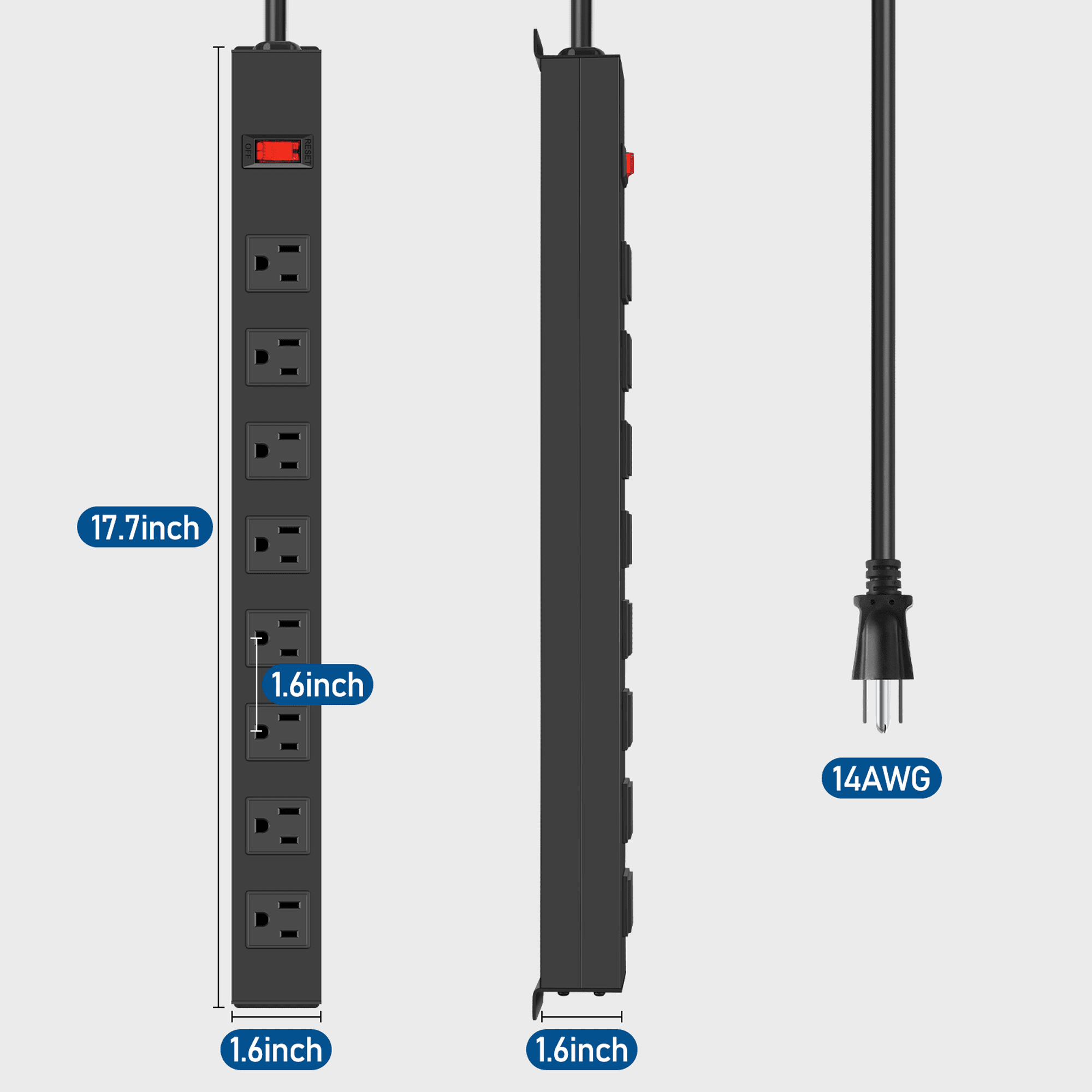 VILONG 10ft Power Strip Surge Protector Wall Mount with Long Cord, 8 Outlet, 15A 1875W 1200J, Adapter Plugs for Shop , ETL Certified, Black
