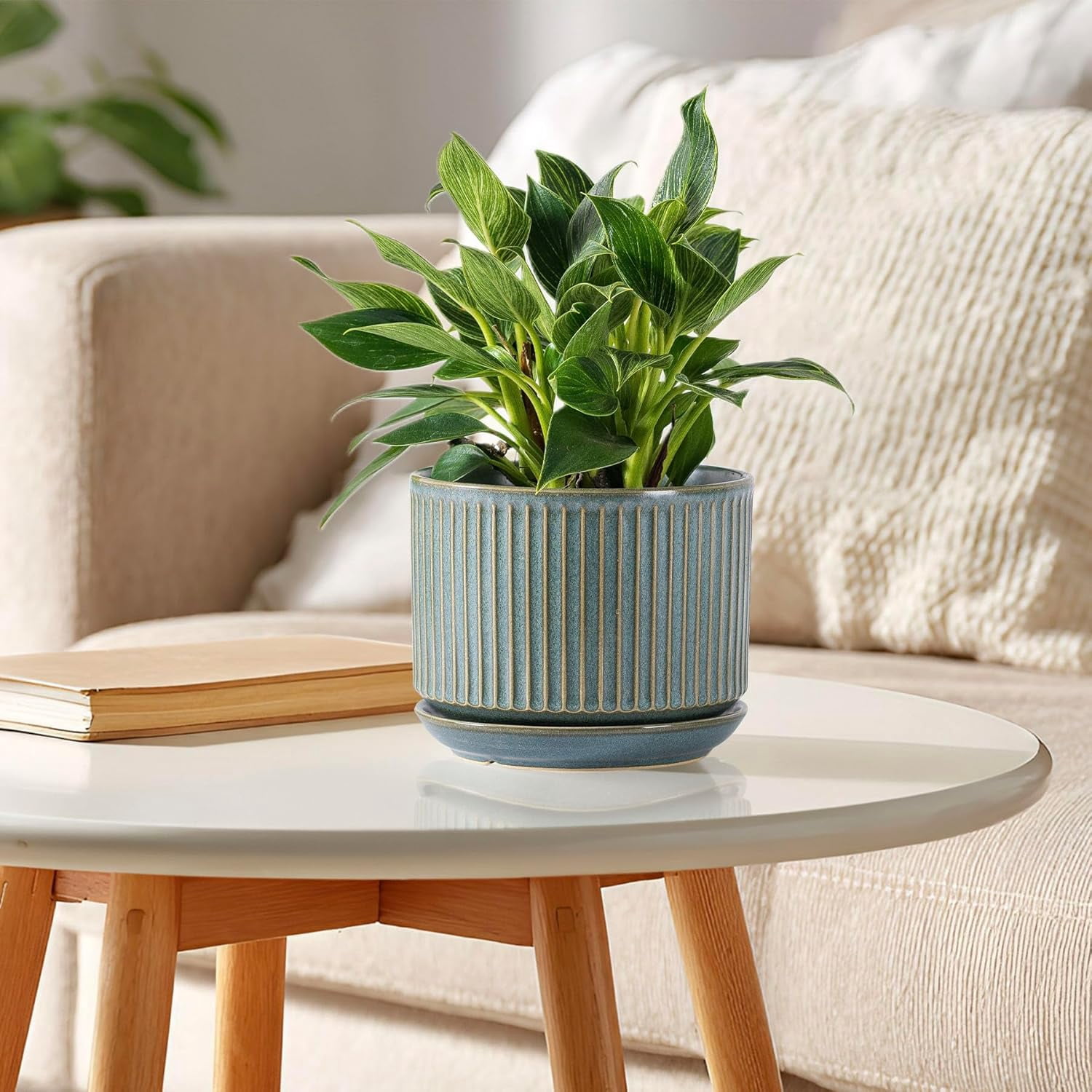 Set of 3 Speckle Gray Ceramic Plant Pots, 4.3+5.5+6.7 Inch with Drainage Hole, Saucer & Hole Pads, Striped Decorative Planter for Indoor Plants and Gardening