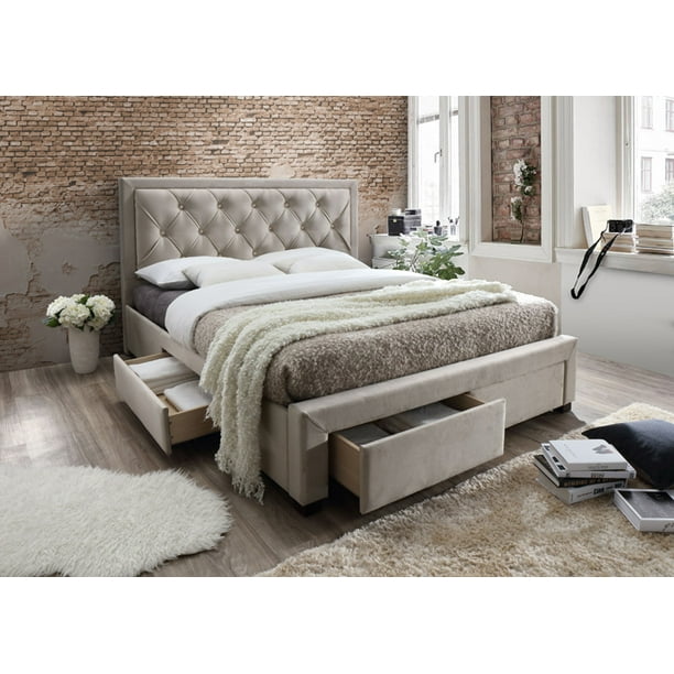 Erin Taupe Tufted Upholstered King Bed With Storage Drawers Com Erin Taupe Tufted Upholstered King Bed, King Bed With Side Storage Drawers