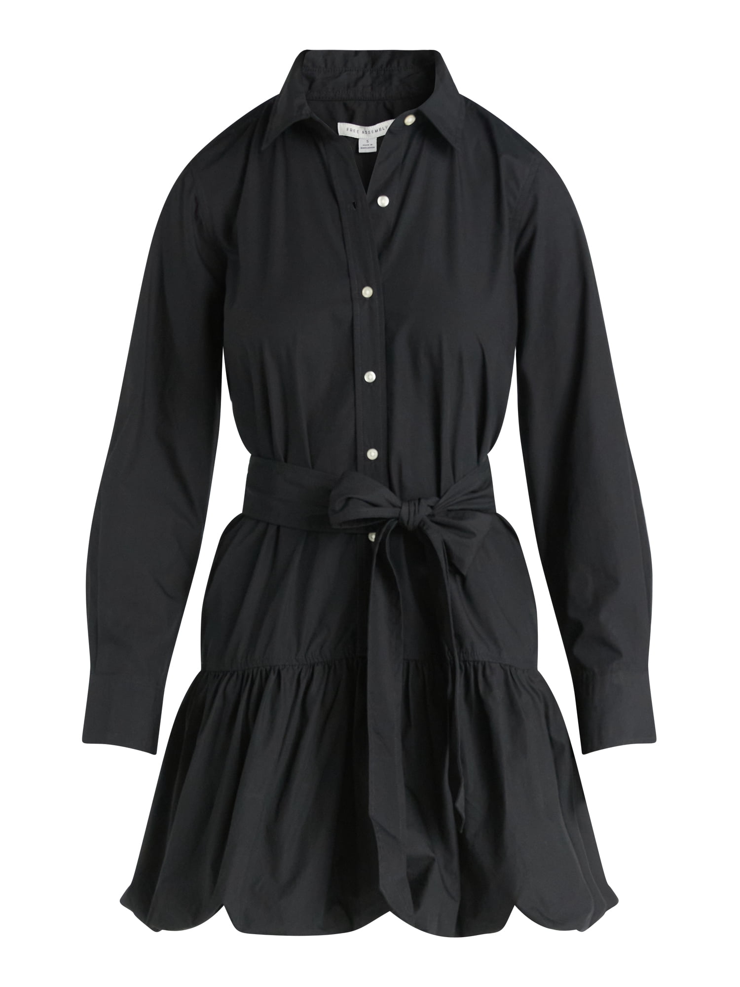 Free Assembly Women's Belted Bubble Hem Cotton Mini Dress with Long Sleeves, Sizes XS-XXL