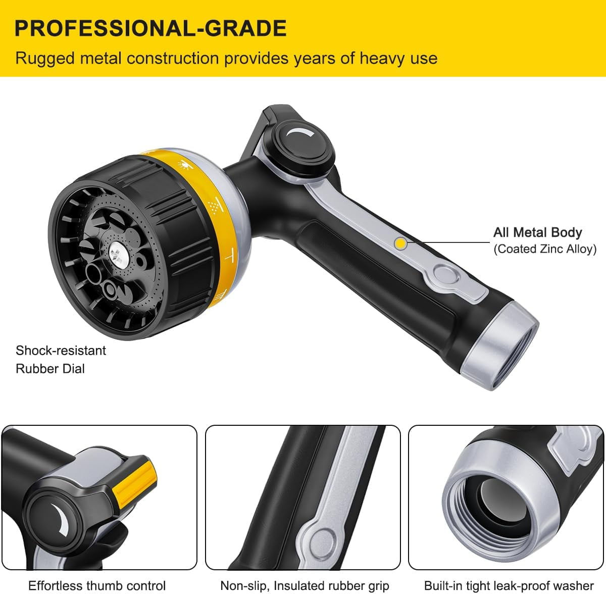 FANHAO Heavy Duty Metal Hose Nozzle with 10 Spray Patterns, Thumb Control On/Off Valve, High Pressure Water Nozzle for Plants