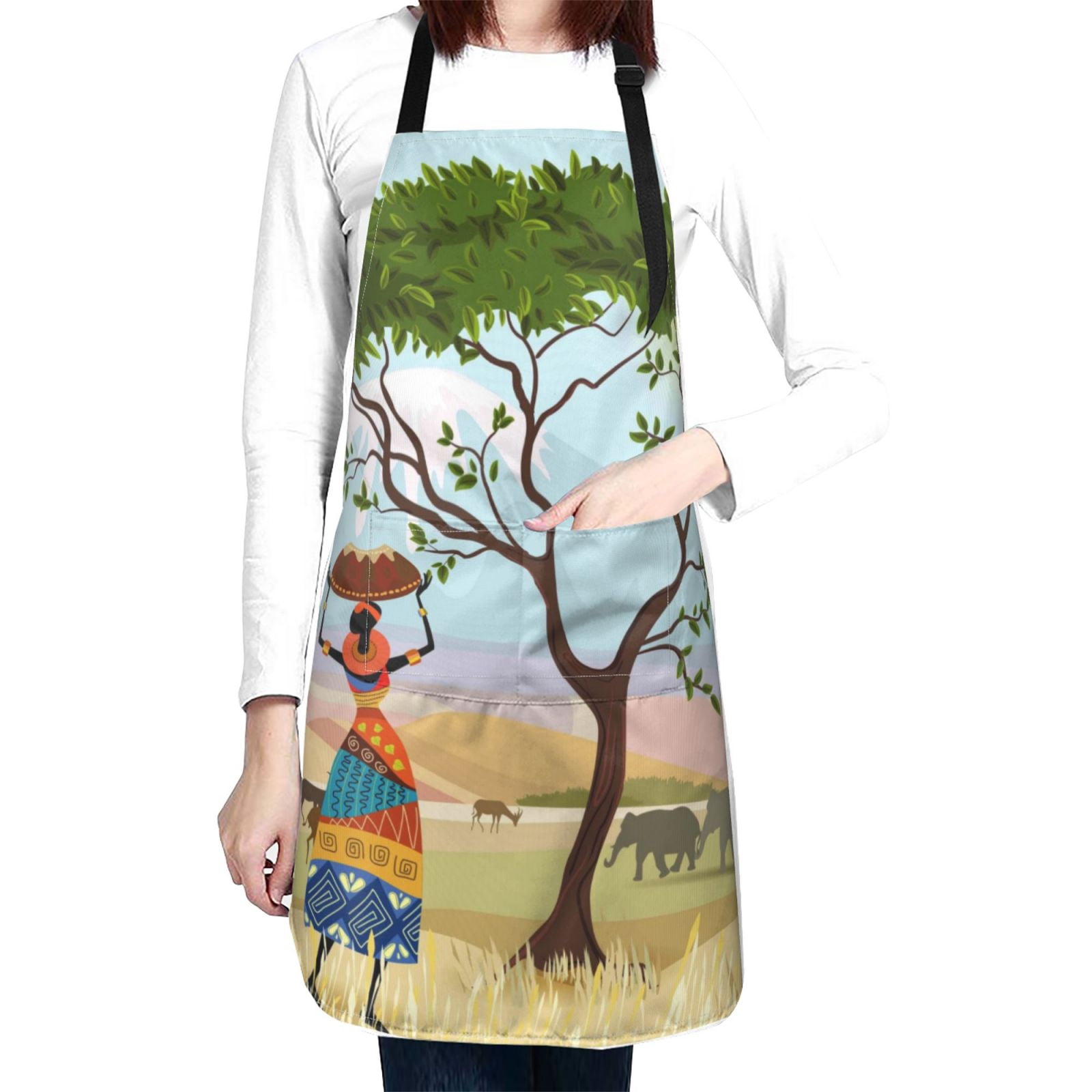 Kdxio African Women in Mountain Landscape Apron with Pockets Adjustable Kitchen Aprons for Men Women Waterproof Aprons for Cooking,Drawing,Crafting, Baking Household Cleaning