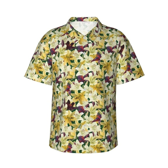 Fotbe Lilies Flowers Hawaiian Shirt for Men Unisex Summer Beach Casual Short Sleeve Cotton Linen Button Down Shirts-3X-Large
