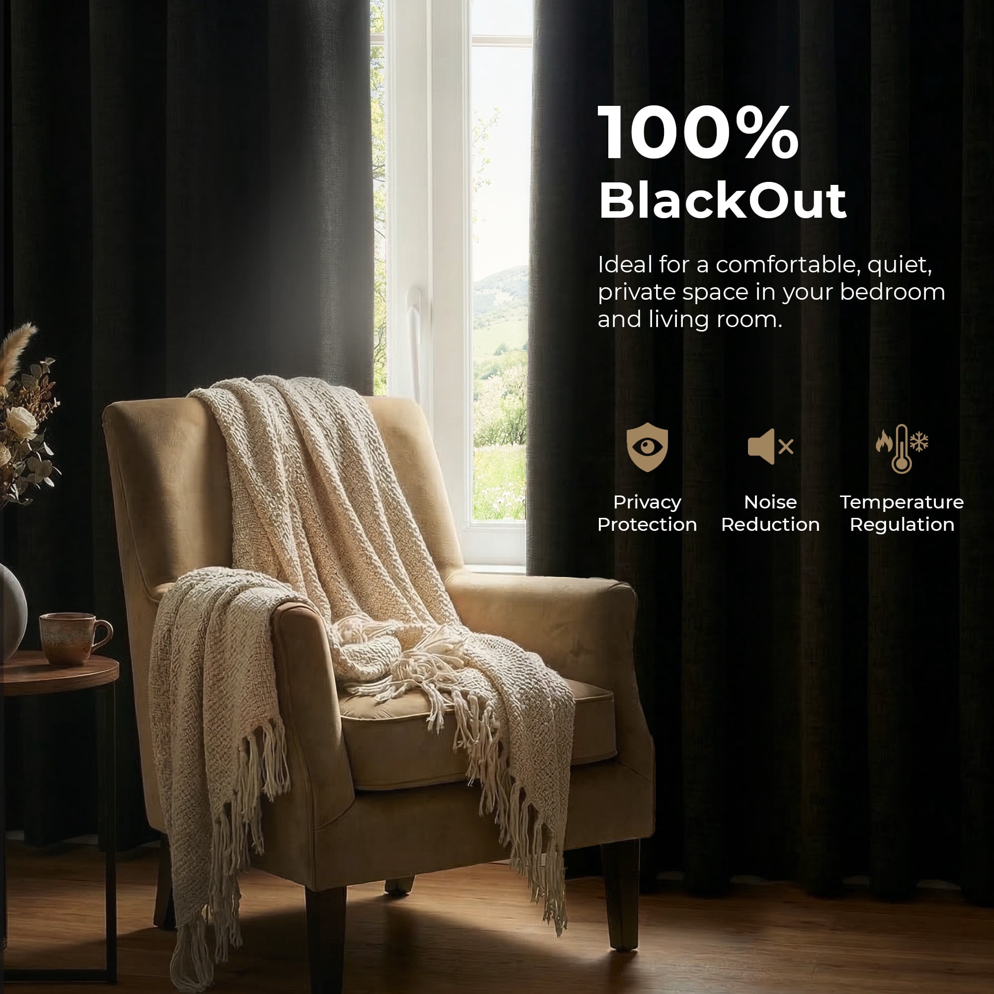 GLEAMIST 100% Blackout Curtains 2 Panels Set, 52 Inches Wide Faux Linen Thermal Insulated Light Blocking Drapes, Rod Pocket & Back Tab for Bedroom Living Room, Black