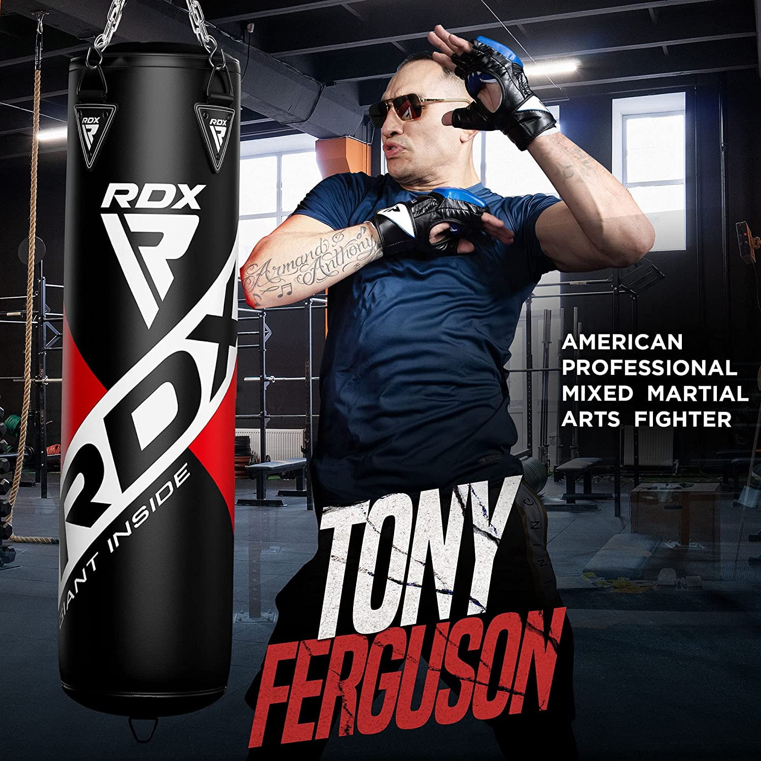 RDX Punching Bag for Boxing Training, Filled Heavy Bag Set With Punching Gloves and Hanging Chain, 3pc for Grappling, Kickboxing, MMA, Muay Thai, Karate, BJJ and Taekwondo, 60 lb, 80 lb
