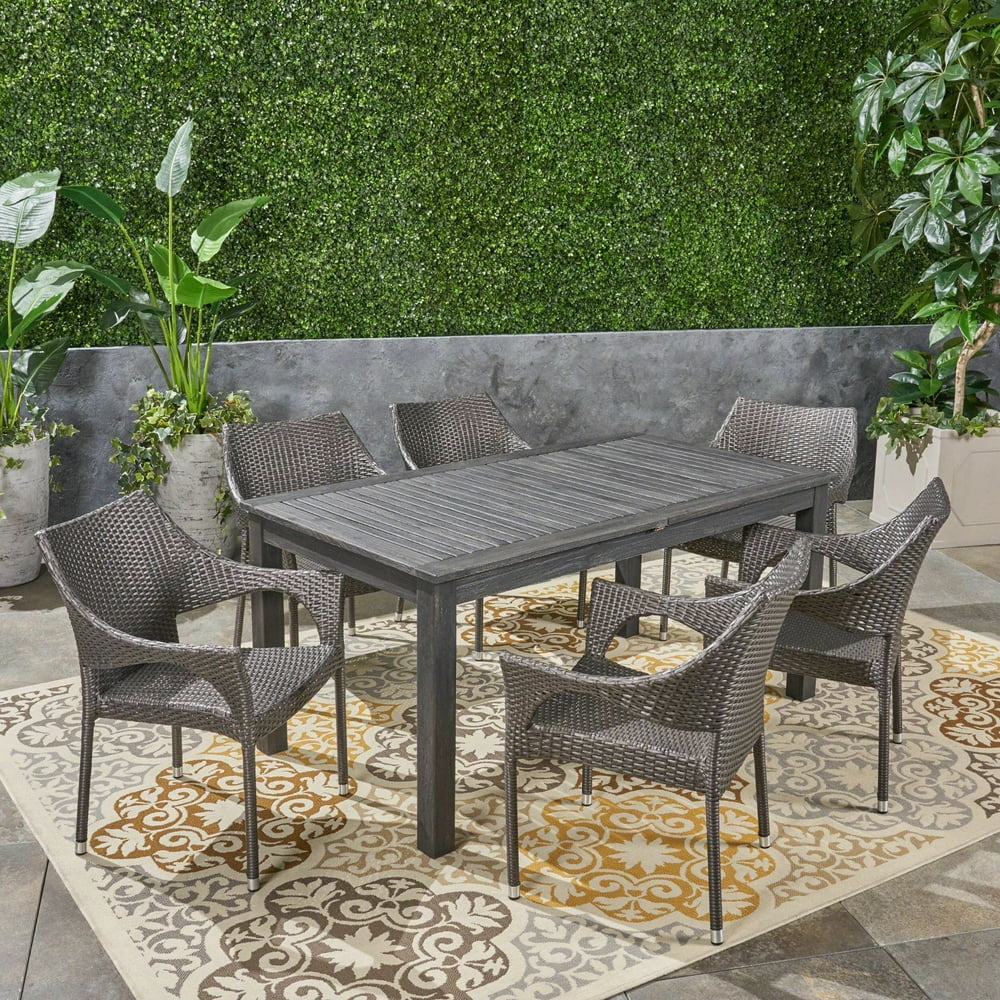 7-Piece Gray Finish Outdoor Furniture Patio Expandable Dining Set