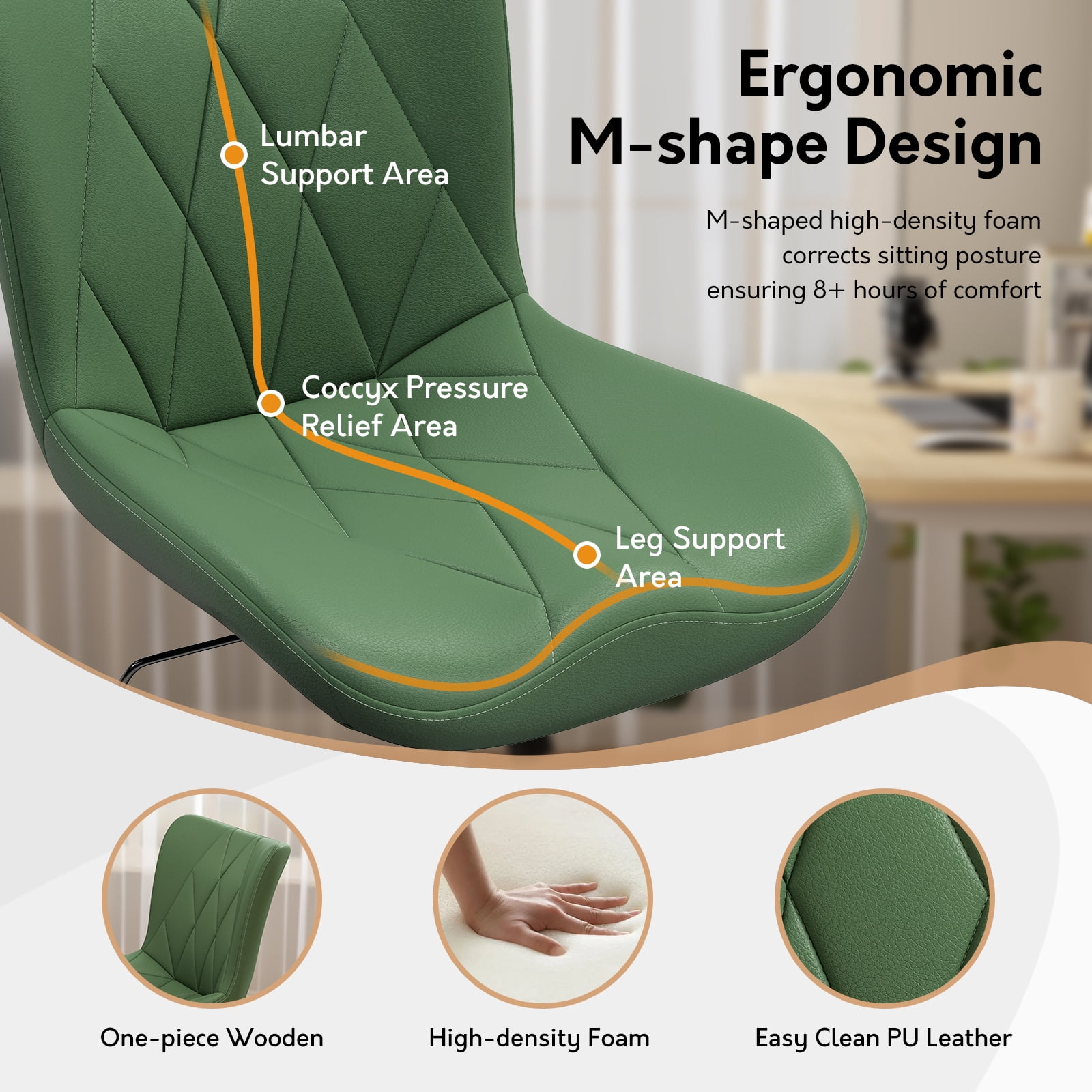 Ninecer Adjustable Armless Office Chair, Leather Desk Chair with Wheels, Office Chair for Home Office, Computer Rolling Chair for Adults, Comfy Task Chair, Green