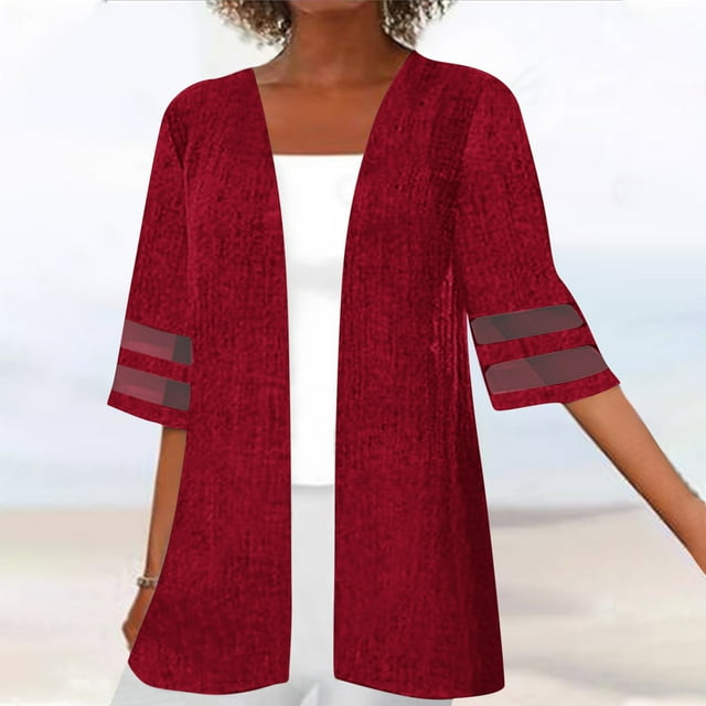 Meichang Summer Cardigans for Women 3/4 Sleeve Mesh Patchwork Kimono Cardigans Solid Lightweight Open Front Cardigans Plus Size Loose Beach Wear Cover Ups