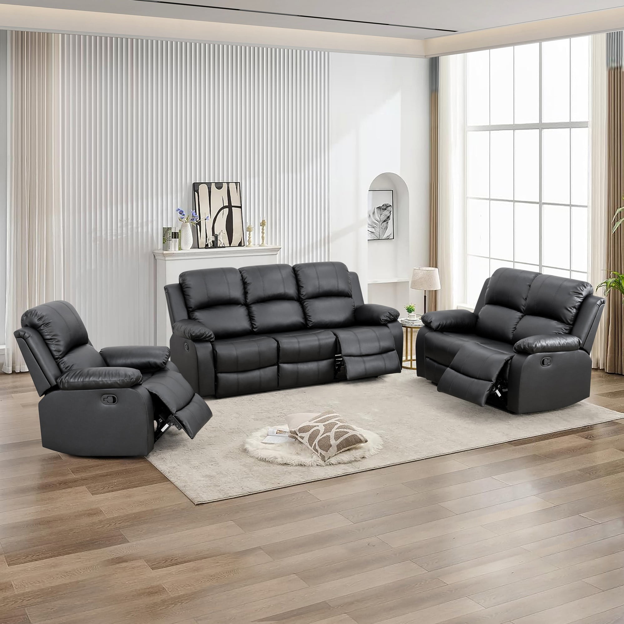 Gewnee Black 3-Piece Living Room Air Leather Recliner Sofa Set