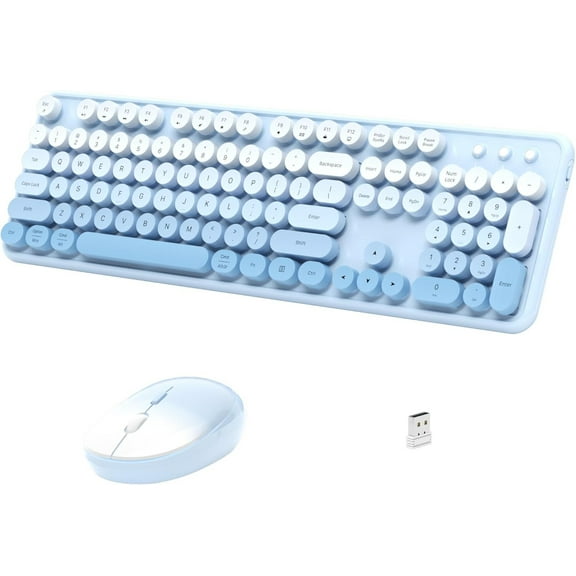 Wireless Keyboard and Mouse, Full-Size Retro Typewriter Keyboard with Round Keycaps, 2.4GHz  (Blue Gradient)
