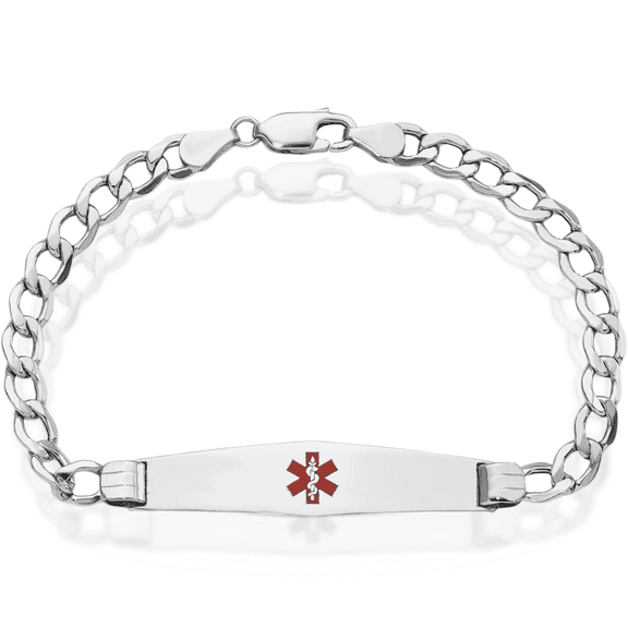 14K Solid White Gold Medical Alert Curb Link Name Bar Identification ID Bracelet
