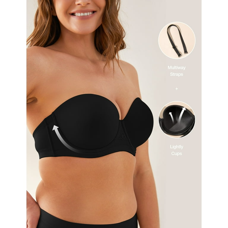 Deyllo Women's Strapless Push Up Full Cup Plus Size Underwire Padded Bra,  Black 32DD
