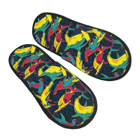 

Ocsxa Mens Womens Cozy Memory Foam Scuff Slippers Slip On Warm House Shoes Indoor/Outdoor Colorful Sharks Designs-Large