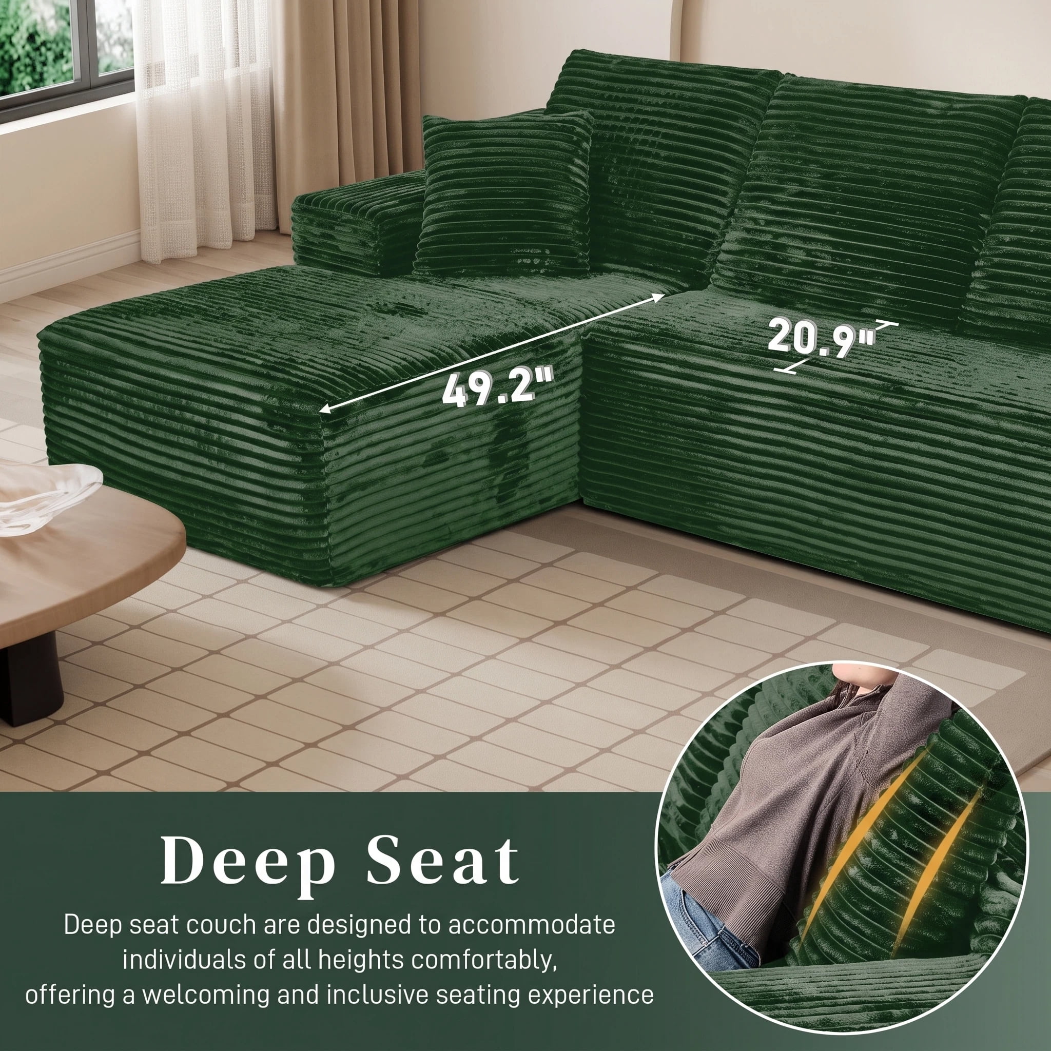AISWORD 107.5" Corduroy Boneless L Shaped Modular Sectional Sofa with Left Facing Chaise, Deep Seat Compressed Couch with Throw Pillows, No Assembly Required, Green