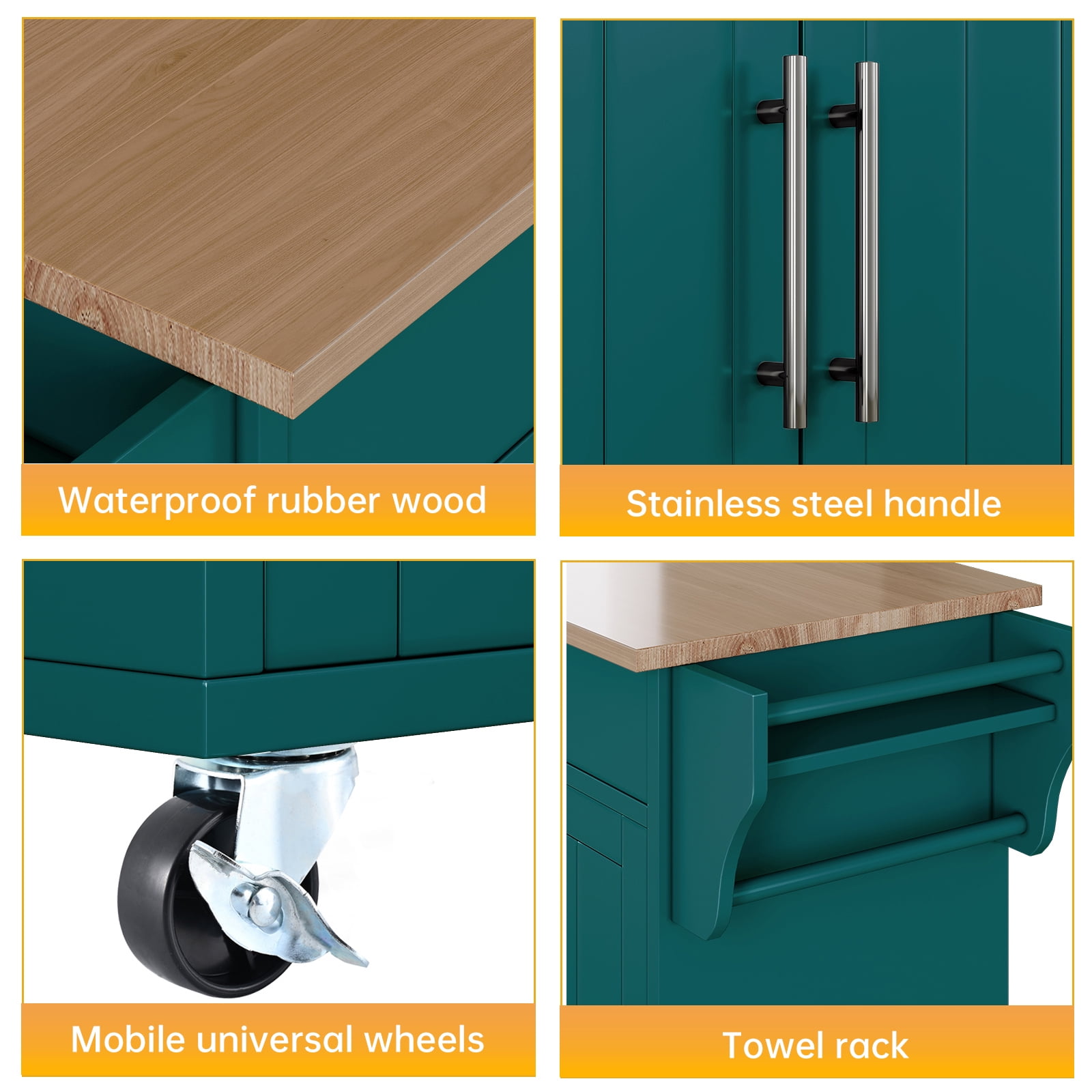 Soscana Kitchen Island Storage,Rolling Kitchen Island with Wheels,Kitchen Cart with Storage Rack & Drawer,Solid Wood Countertop,Kitchen Kitchenware Storage Rack Operation Console,Green