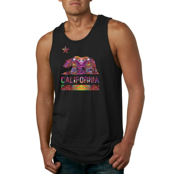 California Republic Bear Logo Retro Mandala Mosaic Animal Lover Mens Graphic Tank Top, Black, Small