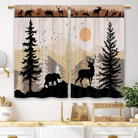 Farmhouse Forest Cabin Kitchen Curtains Rustic Wooden Small Short Cafe Window Curtains Tree Country Deer Bear Rod Pocket Bathroom Window Drapes Treatment Tier Curtains 2 Panels (26x24 Inch)