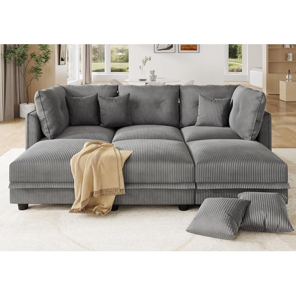 LLappuil Modular Sectional Sofa, 6 Seat Corduroy Sectional Sofa with Storage, 5 Back Cushion 5 Throw Pillow Gray
