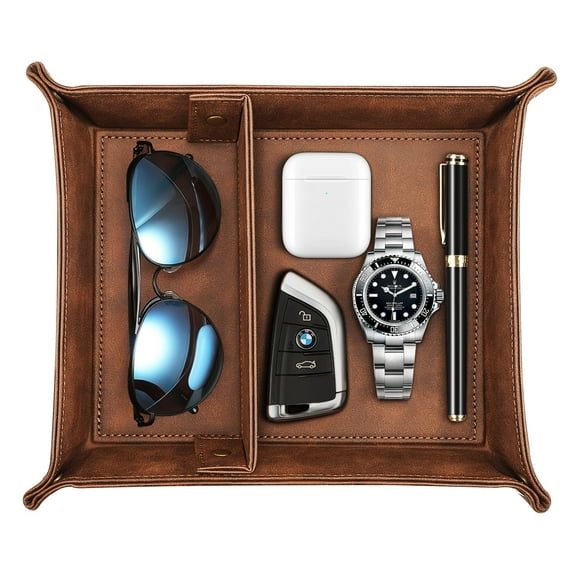 SITHON Valet Tray Desktop Storage Organizer – Removable 2 Compartments Catchall Bedside Vanity Nightstand Caddy Holder Desk Storage Plate for Remote Controller, Keys, Phone, Jewelry, Brown