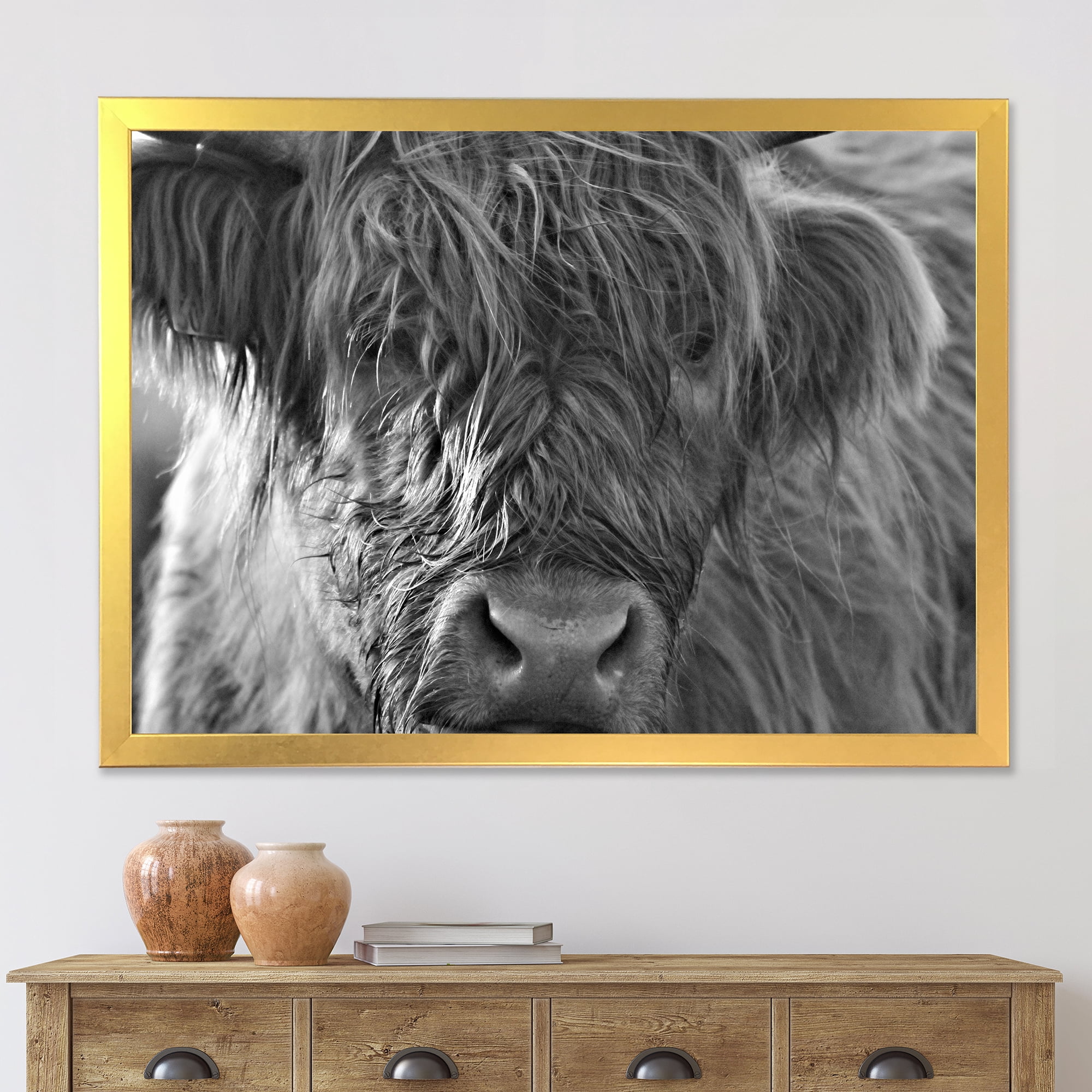 Designart 'Close Up Scottish Highland Cows Living On Moorland' Farmhouse Framed Art Print
