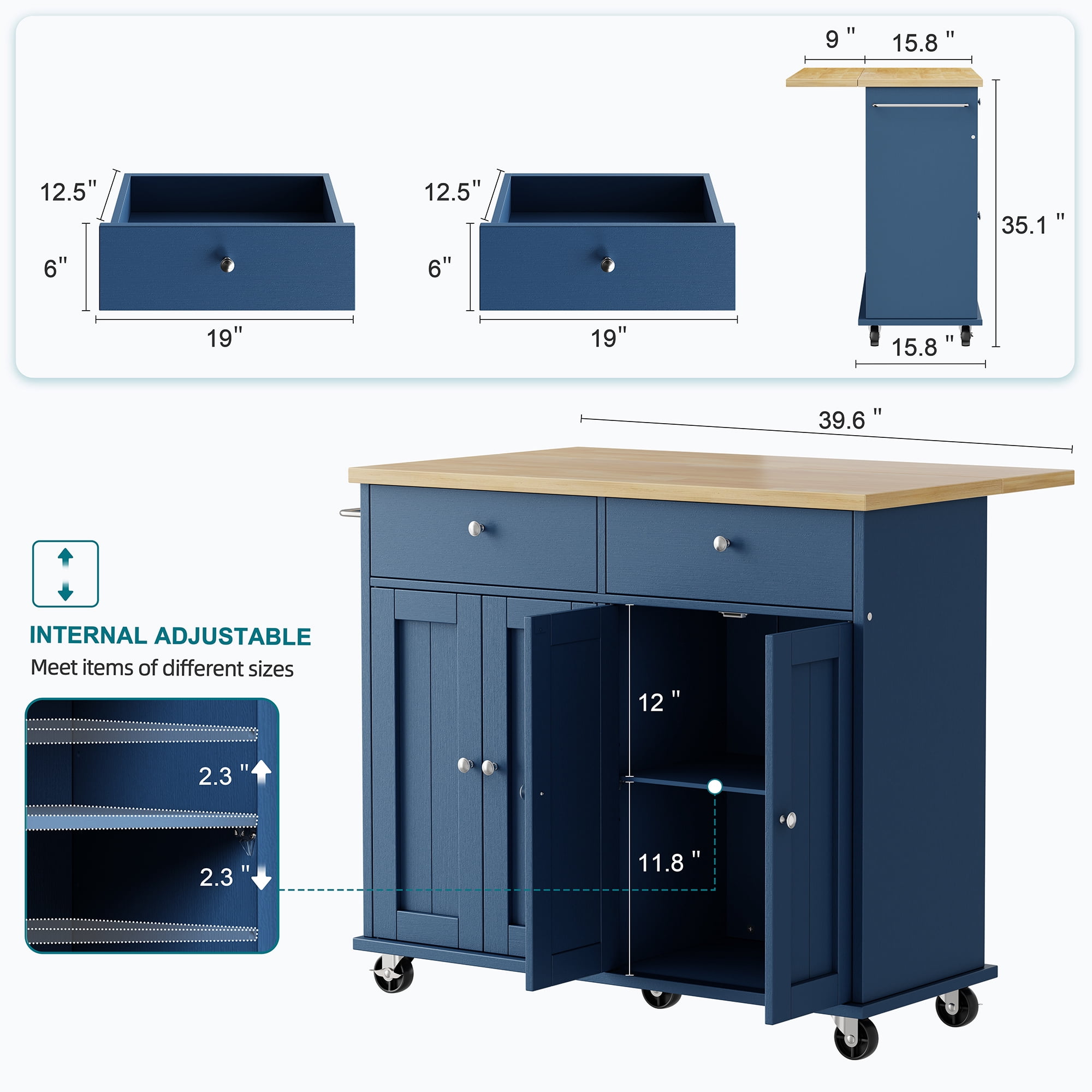 Walsunny Kitchen Islands Carts with Drop Leaf Table 2 Drawers 5 Wheels 4 Magnetic Doors Rolling Storage Cabinet Blue