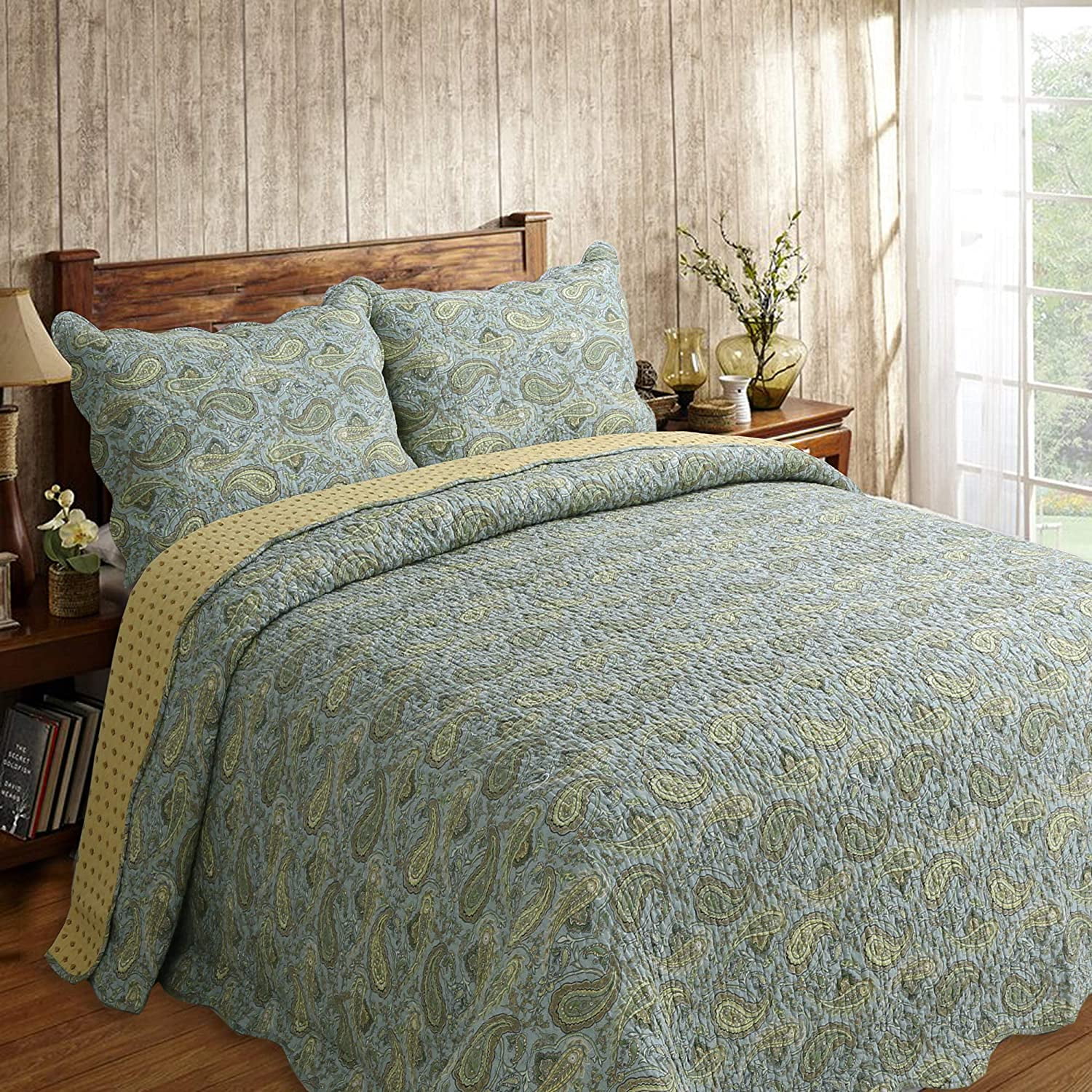 Cozy Line Home Fashions Cotton Reversible Quilt Sets, Queen, Green, 3-Pieces