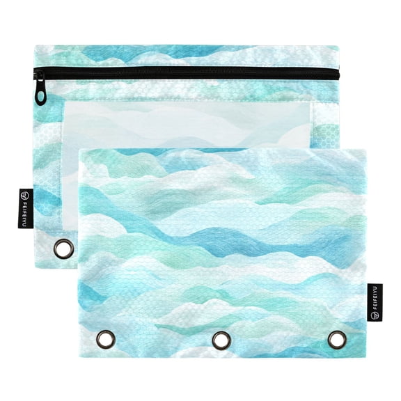 2 Pack 3 Ring Binder Pouch with Clear PVC Window Water Resistant Zipper Pencil Pouch Serene Coastal Wave Print Binder Pocket for Classroom Office Home Stationery Organization