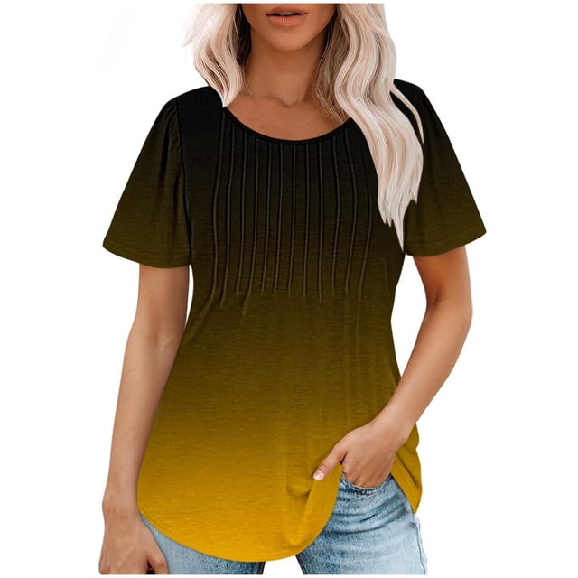 Plebaso Hauts pour Femmes Été Manches Courtes Col Rond Tunique Habillée Ample Mode Dégradé de Couleur Blouses