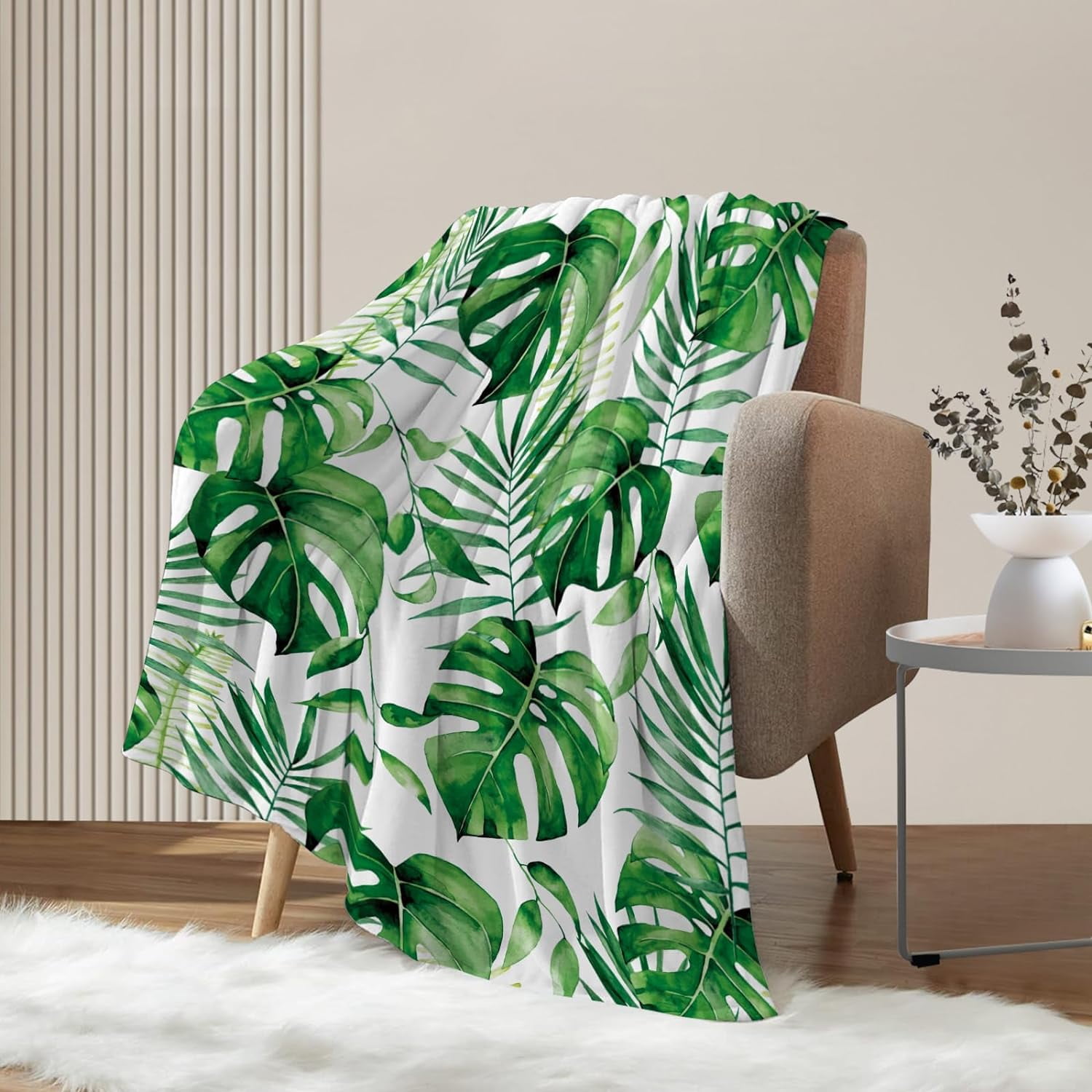 Tropical Leaf Decorative Throw Blanket Twin Size Green Plant Blanket Couch Sofa Bed Soft Cozy Fuzzy Fleece Blanket Cute Spring Summer Gift Blanket Outoddoor Home Decorations 60x80