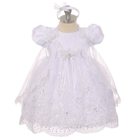 Rainkids Baby Girls White Sequins Embroidered Lace Cape Baptism Dress 0-24M