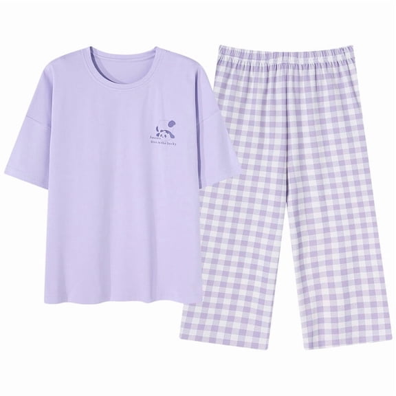 100% Cotton Women Capri Pajama Set 2 Pcs Short Sleeve Top Capris pants Sleepwear
