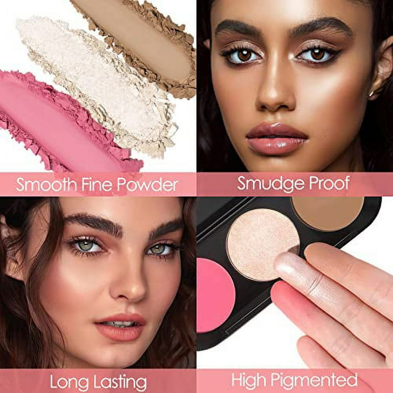  Highlighter & Contour & Blush 3 in 1 Makeup Palette with Brush,  Matte Shimmer Glow Illuminator Powder Perfect For Face  Highlight,Contour,Bronzer,Shape,Silky Brillliant Compact Make-up : Beauty &  Personal Care