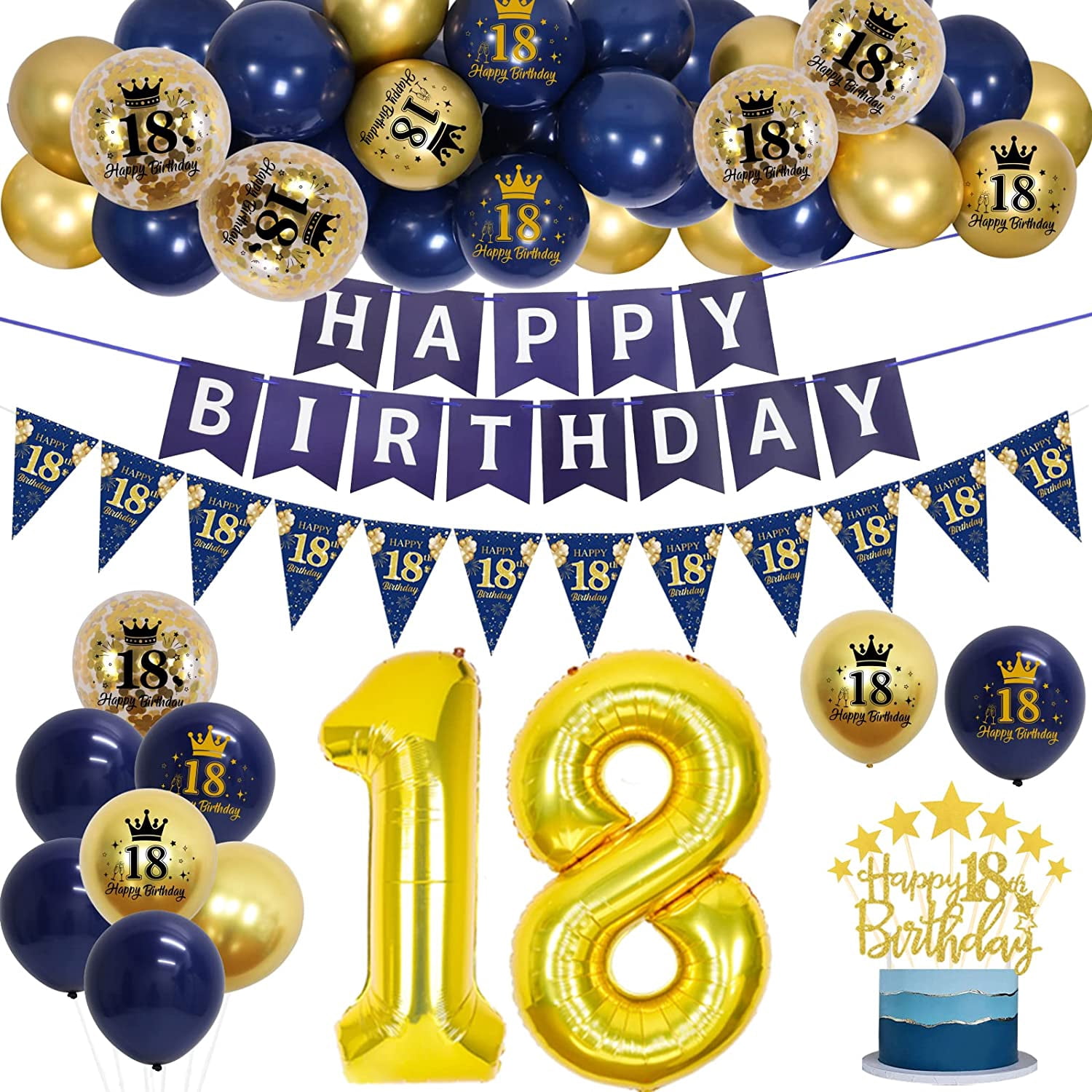 18th Birthday Decorations Navy Blue and Gold 18th Birthday Balloons for ...