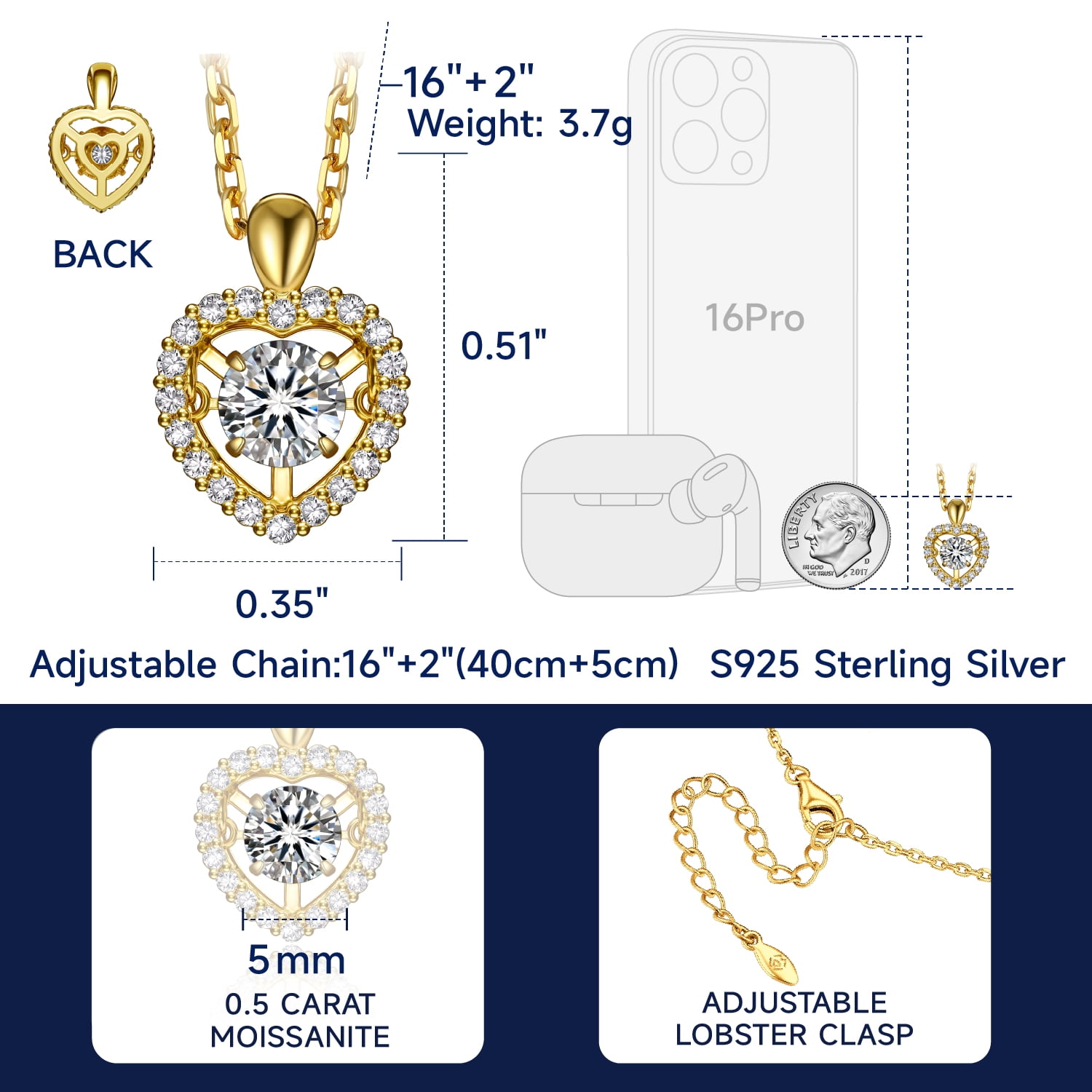 MomentWish 14K Gold Plated Moissanite Dance Necklace for Women Sterling Silver Heart Necklace Valentine's Day Gift