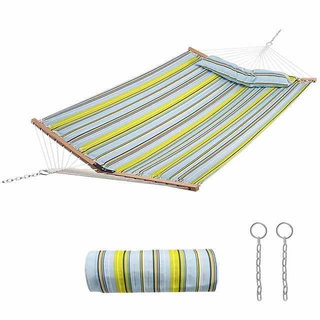 Patiojoy Portable Hammock W/ Spreader Bars & Detachable Pillow Quick Dry & Water Proof Material Hand Woven Cotton Rope Light Blue + Yellow