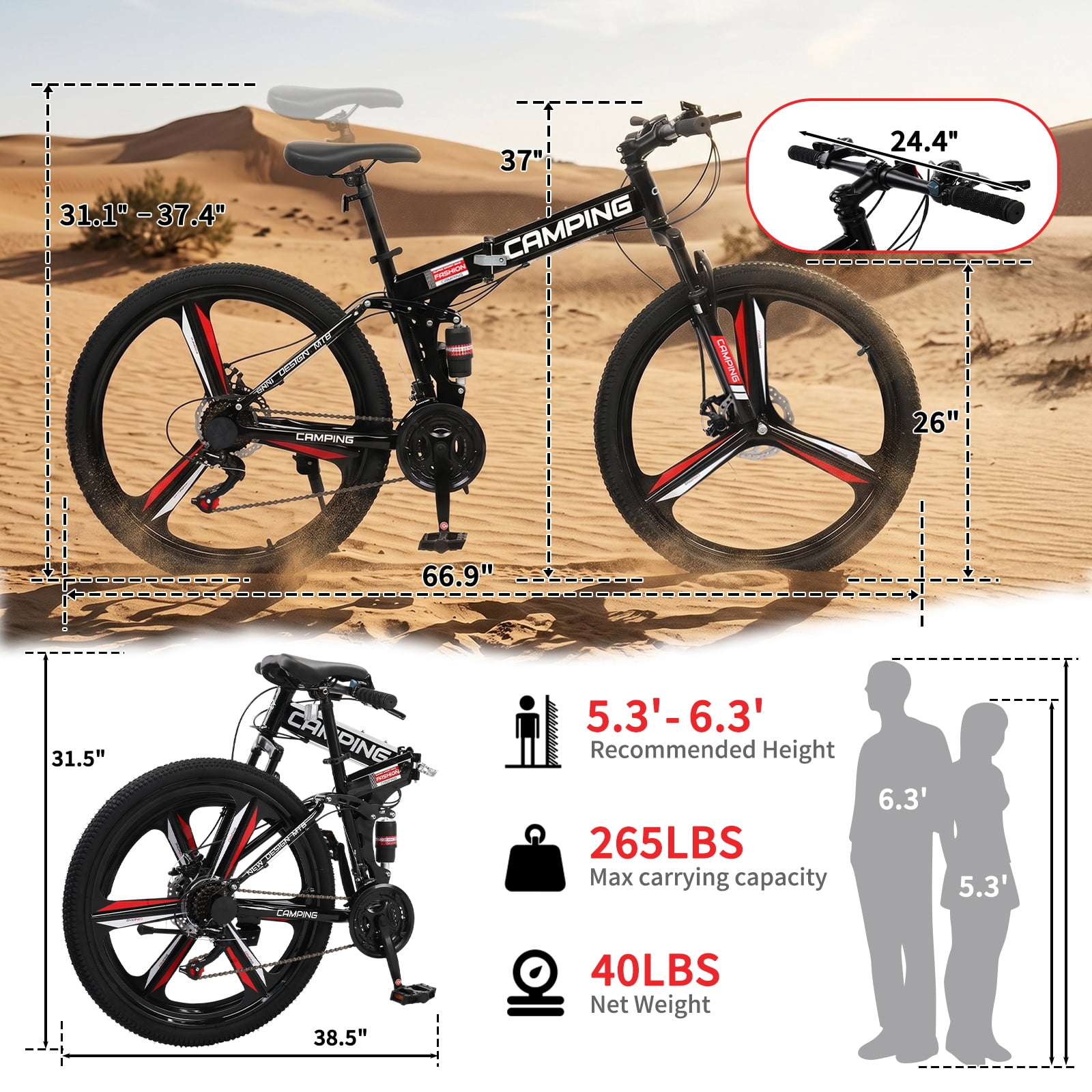 Zimtown 26" Folding Mountain Bike, Shimano 21 Speed MTB Bicycle for Adults, Black