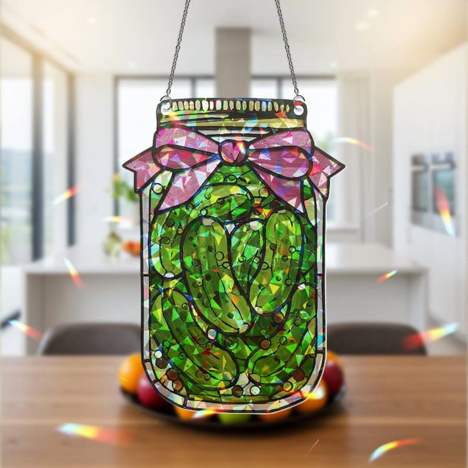 ViciArt Pickle Jar Suncatcher – 4" Holographic Acrylic Kitchen Window Hanging, Cute Pantry Decor