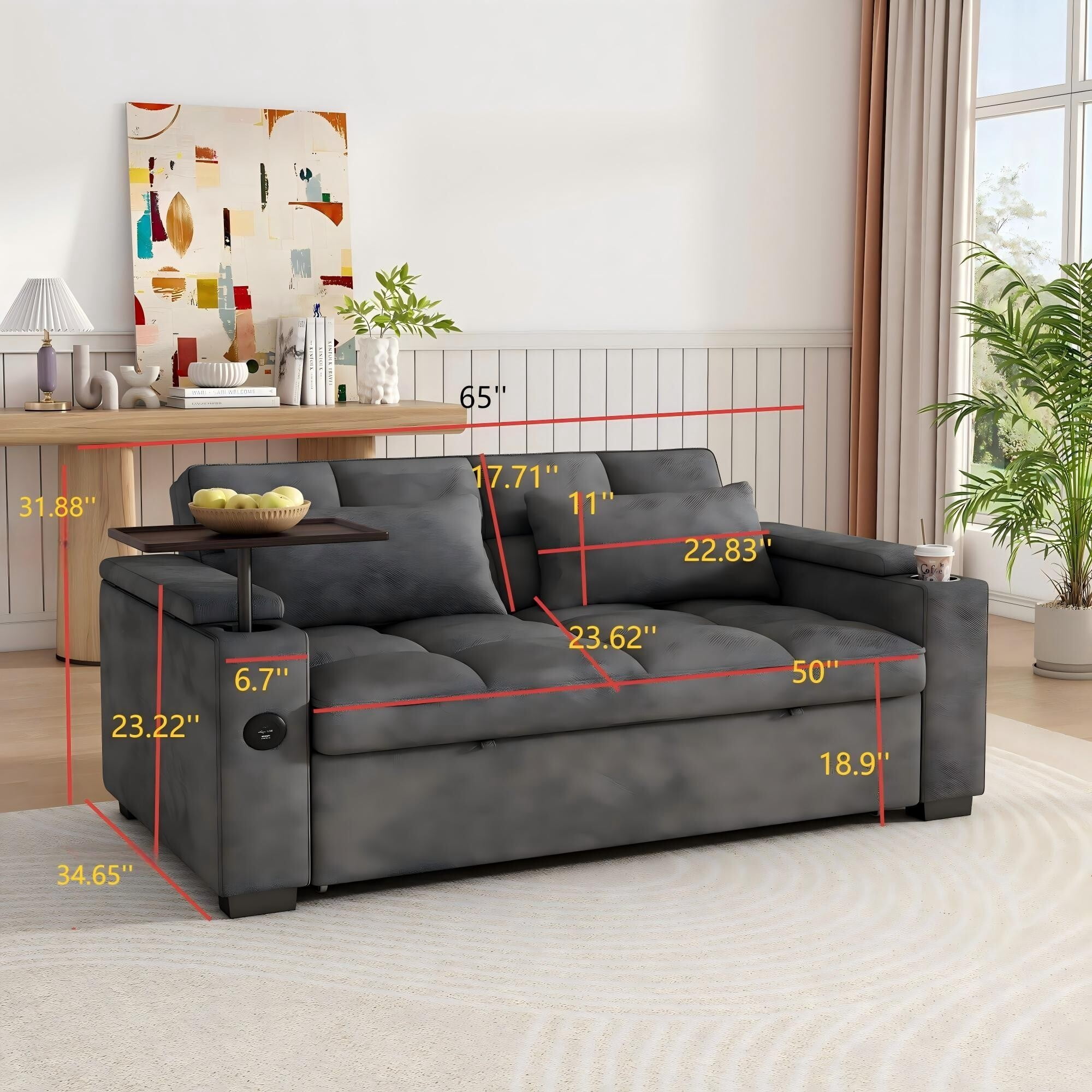 DEALTOPS 65" 3-in-1 Sleeper Sofa Bed, 3-Position Pull Out Couch with 90° Swivel Table, USB & Storage, Chenille, Gray