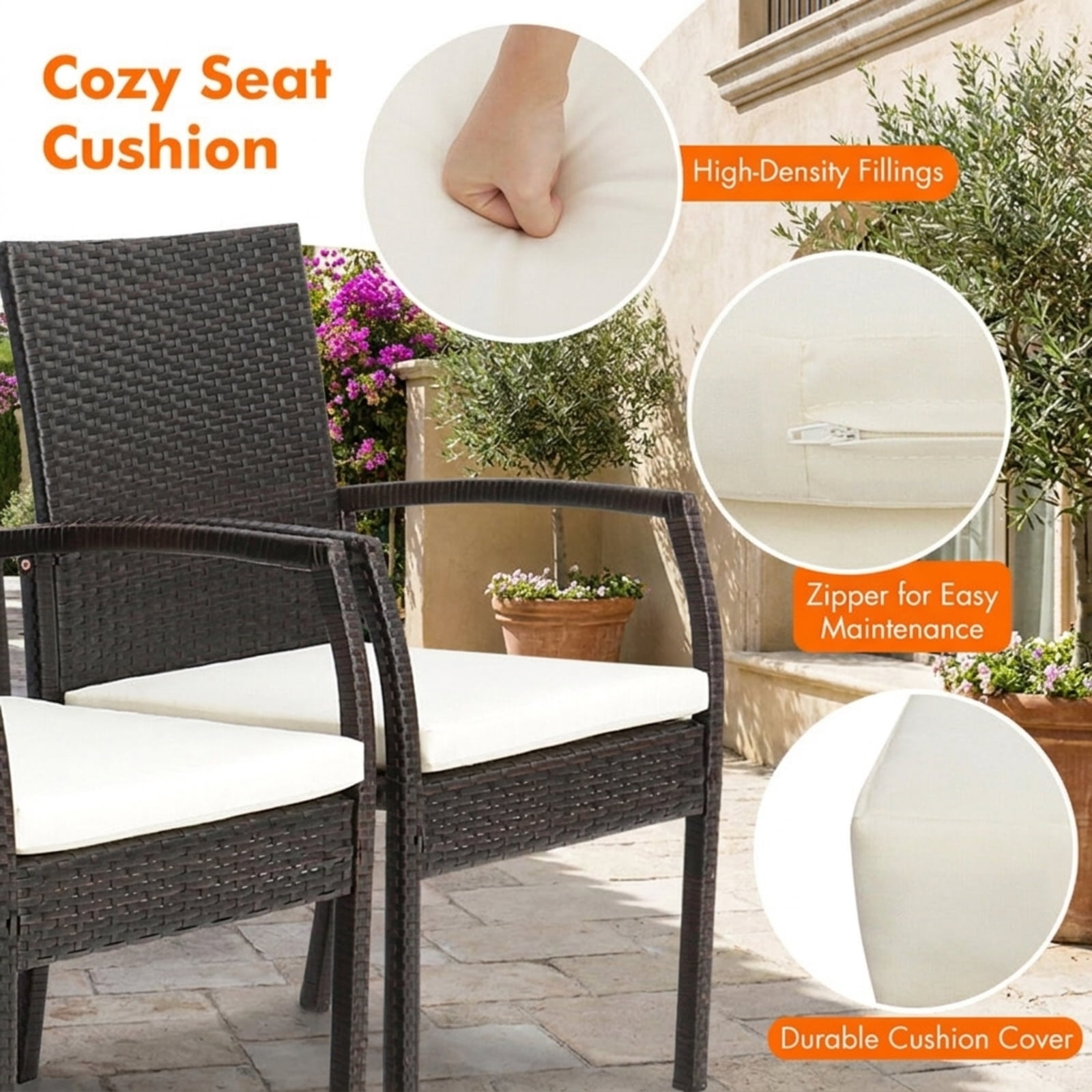 Furnibear 5 Pieces Patio Wicker Cushioned Dining Set Outdoor Conversation Set with Umbrella Hole Table and Acacia Wood Chairs, Mix Brown