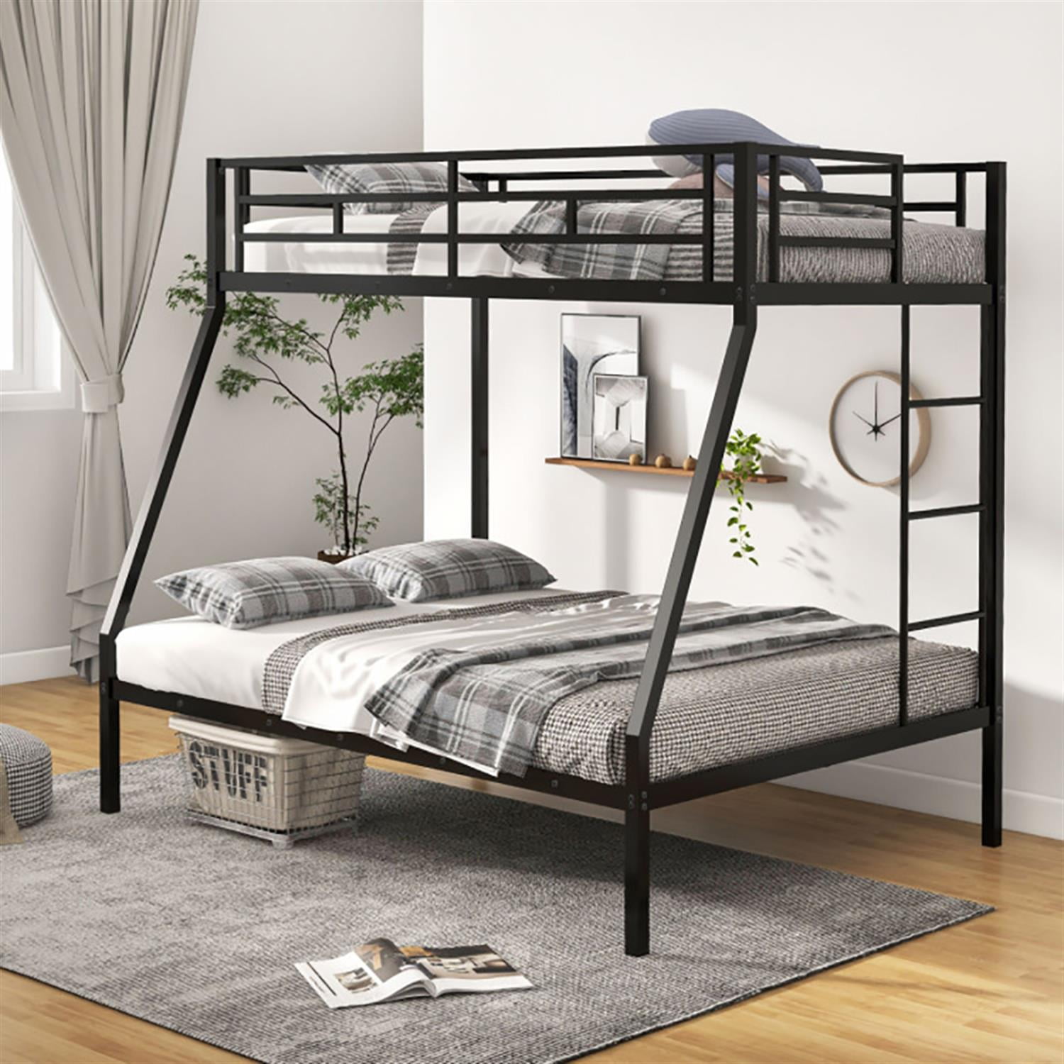 Demi Bonn Twin Over Full Bunk Bed with Safety Rail and Ladder, Twin Bunk Beds, Space-saving Metal Slatted Bed Frame, No Box Spring Needed, Black