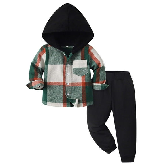 Ecqkame Children's Plaid Casual Sets Hooded Long Sleeve Button Sweatshirt and Elastic Waist Pants with Pocket 2 Piece Outfits Green 6 Year