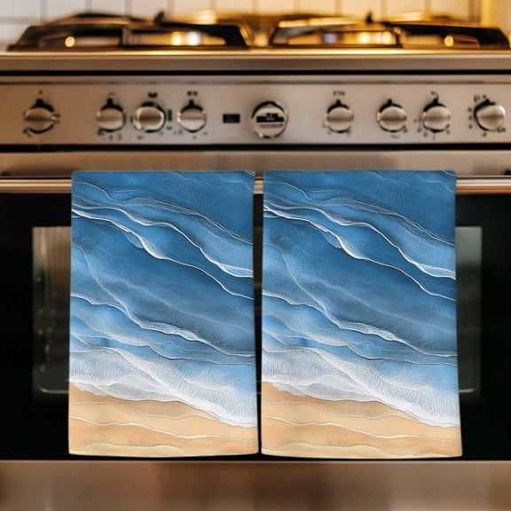 Navy Blue Coastal Beach Kitchen Towels Set of 1, Summer Nautical Ocean Beige Seaside Absorbent Dish Towels for Kitchen, Microfiber Hand Towel, Quick Drying Tea Towel for Cleaning Dishcloths