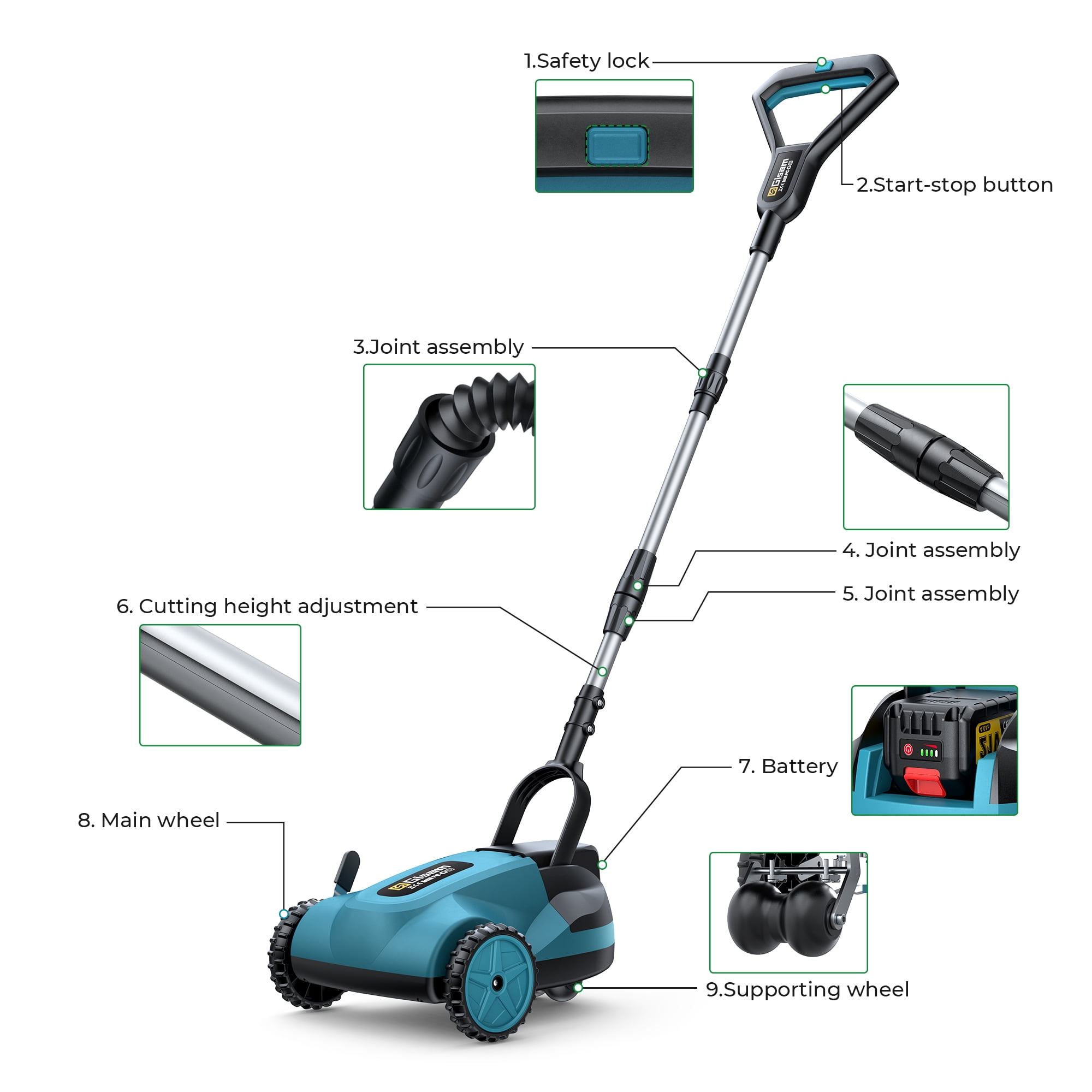 Gisam Brushless Lawn Mower Cordless 9 in Small Electric Handy Grass Mowers Lightweight, 3 Height Adjustments with 2x 4.0Ah Battery and Charger
